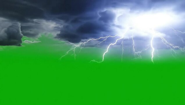 Dramatic lightning storm with dark clouds on a green screen for a sky replacement weather effect.
