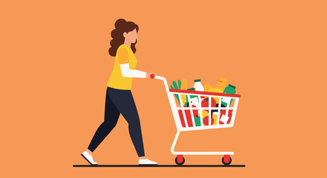 Woman happily pushes full shopping cart through vibrant grocery store, stocking up on fresh produce and essentials