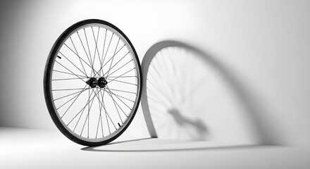 A bicycle wheel casting a dramatic shadow on a white wall