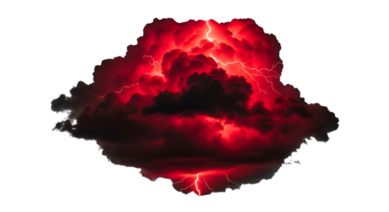 Red storm clouds, fiery with bright lightning strikes, cutout, PNG isolated on white or transparent background