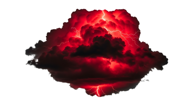 Red storm clouds, fiery with bright lightning strikes, cutout, PNG isolated on white or transparent background