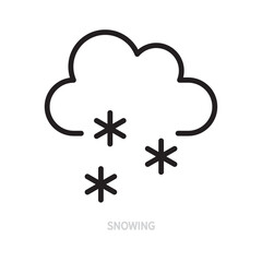 Snowing line icon. Cloud and snowflake sign / symbol. Weather forecast & climate concept. Isolated on a white background. Editable stroke. Flat design. Vector illustration.
