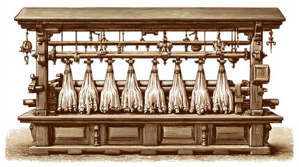 Fototapeta premium Vintage textile machine illustration showing mechanical apparatus with hanging bobbins