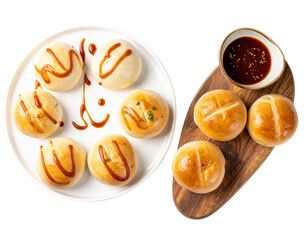 Asian-Style Steamed and Baked Pork Buns Duo with Sauce Drizzle — isolated on transparent background