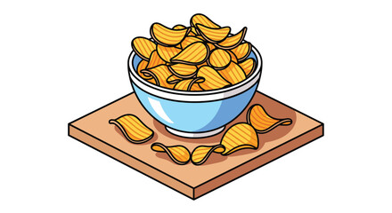 Crispy potato chips overflowing from a vibrant blue bowl on a wooden board, a tempting snack for any occasion