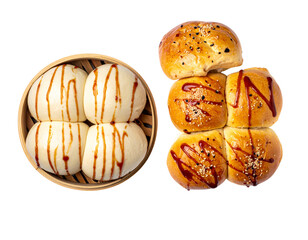 Two Variations of Fluffy Pork-Filled Buns Drizzled with Sauce — isolated on transparent background
