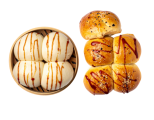 Two Variations of Fluffy Pork-Filled Buns Drizzled with Sauce — isolated on transparent background