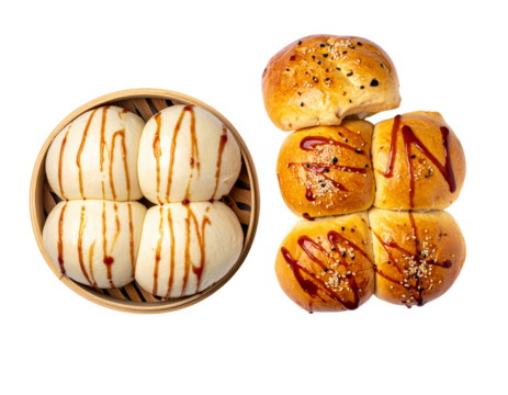 Two Variations of Fluffy Pork-Filled Buns Drizzled with Sauce — isolated on transparent background