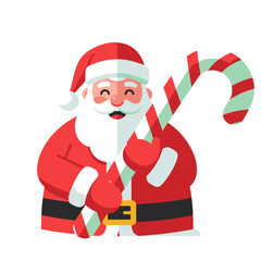 Santa Claus Holding Candy Cane — Flat Cute Cartoon Vector
