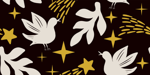 Dreamy Night Sky with Flying Birds and Golden Stars Pattern