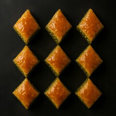 Diamond pistachio baklava pieces arranged in grid on dark background