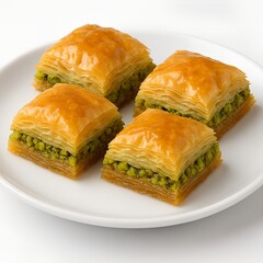 Pistachio baklava squares with syrup glaze served on white plate