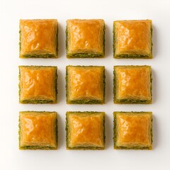 Pistachio baklava squares arranged in grid on white background