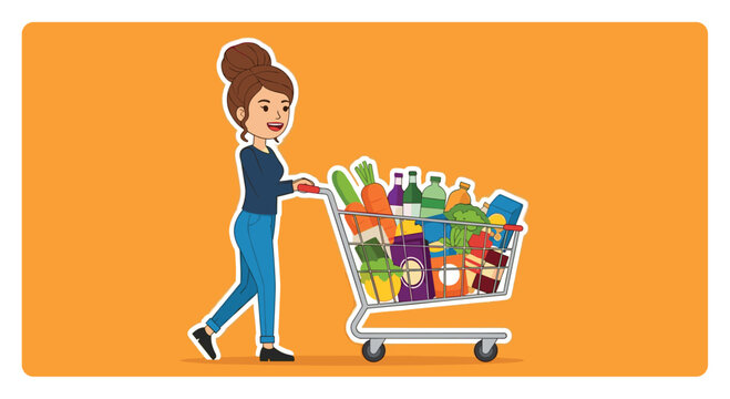 Happy shopper pushing a full grocery cart, enjoying the everyday task of stocking up on fresh food and essentials