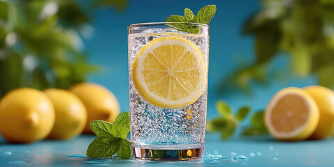 Lemon slice in sparkling water with fresh mint leaves