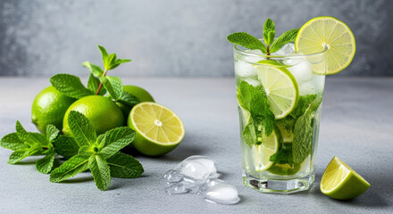 Refreshing mojito cocktail with fresh limes and mint leaves on a gray background