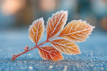 Frosted orange leaf on icy surface in cold morning light