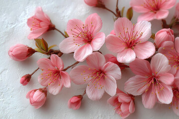 Pink cherry blossom flowers with delicate petals and yellow stamens