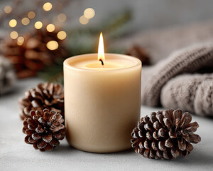 Cozy candlelight with pine cones and warm knitted fabric