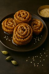 Spiral-shaped syrup dessert with sesame seeds on dark background