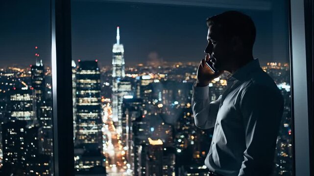 Silhouette of a businessman talking on a phone at night. Cinematic zoom out reveals a stunning New York City cityscape from a high-rise window. Corporate success concept