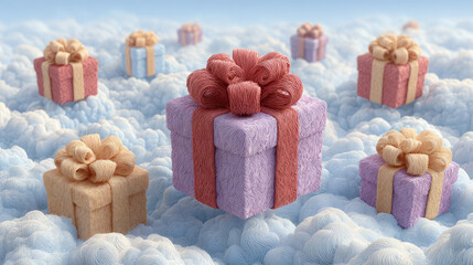 Soft textured gift boxes with ribbons floating on clouds