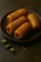 Indian sweet dessert with syrup and cardamom on dark background