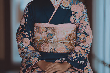Elegant furisode kimono with floral patterns, perfect for coming of age ceremony