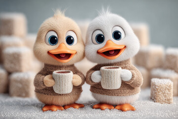 Two adorable cartoon ducklings holding mugs with warm drink