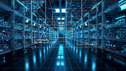 Digital warehouse interior with holographic interface and neon blue lighting showing advanced automation system and smart industry technology - Powered by Adobe