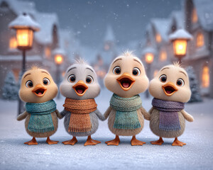 Cute baby birds wearing colorful scarves in snowy village