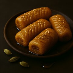 Syrup soaked Indian dessert with cardamom on dark ceramic plate