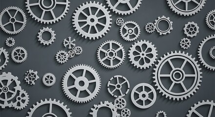 A collection of various sized gears and cogs arranged on a dark background, symbolizing industry and mechanics.