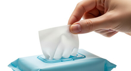 Person s hand pulling a wet wipe from a blue dispenser pack