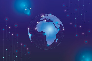 Technological background with Earth. Spread of technological progress. Blue background with planet, light lines, and electrons. Futuristic concept with light effects, template for presentations, banne