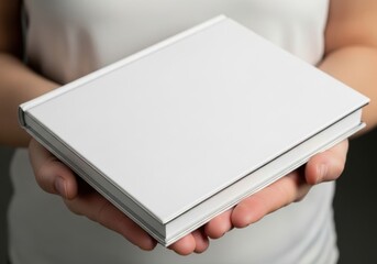 Hands holding a blank white hardcover book ready for custom design and text
