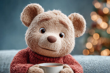 Cute teddy bear holding cup with warm drink in cozy sweater
