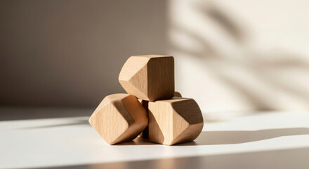 Three geometric wooden blocks stacked in a pyramid shape on a white surface