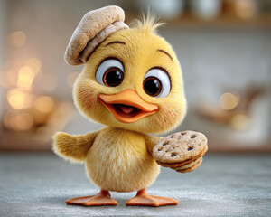 Cute yellow chick with big eyes holding cookies and wearing chef