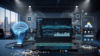 Digital data flow connection from computer brain artificial intelligence devices - Powered by Adobe