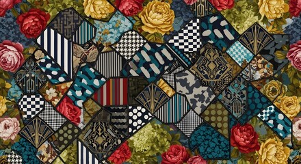 Floral Kaleidoscope: A vibrant tapestry of intricately patterned patches intertwined with radiant blossoms, presenting a captivating dance of textures and colors