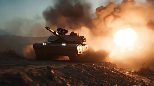 Military tank on a battlefield during a fiery explosion. Armored combat vehicle in a warzone at dusk. Modern warfare and conflict concept