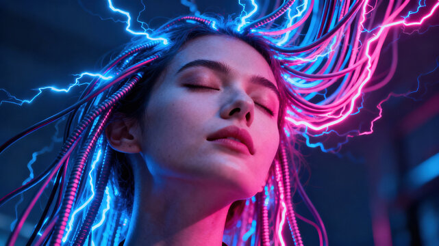 A young woman stands in a dimly lit space with vibrant neon lights. Her hair resembles colorful electric cables, showcasing an imaginative and surreal style
