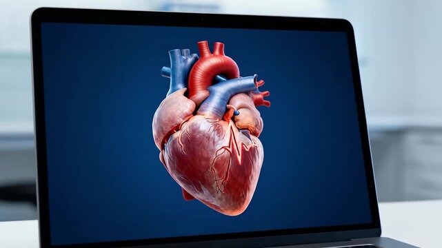 A 3D animated human heart beating on a laptop screen. Modern medical technology for cardiology and healthcare research in a laboratory setting. Digital health concept