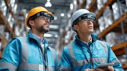 Warehouse Vision: Two focused warehouse workers wearing augmented reality headsets and protective helmets, surveying their high-tech, organized workspace. - Powered by Adobe