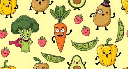 Cheerful Food Frenzy: An illustration brimming with a collection of animated, whimsical fruits and vegetables, each with its own unique expression and personality.