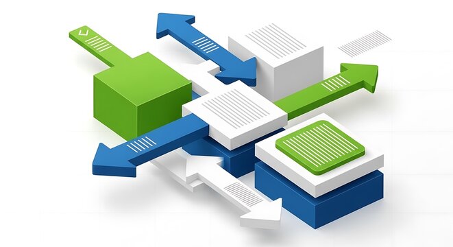 Abstract composition of colorful blocks and arrows, modern design.