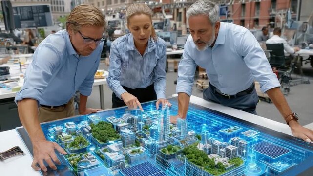 Urban Planners' Vision: Three urban planners gather around a high-tech model of a city, intently focused on the intricate details and design, showcasing collaboration and futuristic city planning.