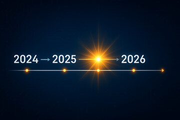 2024 to 2026 business timeline roadmap with bright glowing star showing focus on the current progress and future achievement concept