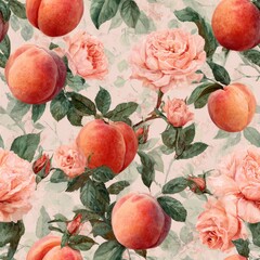 Peach Fruit In Springtime Watercolor Seamless pattern. Floral pattern featuring peaches and roses in soft pastel colors.